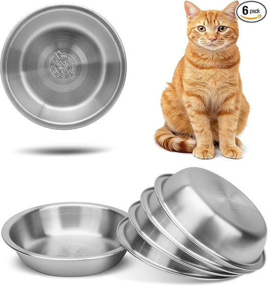 6 Pcs Stainless Steel Cat Bowls, Metal Cat Bowls Whisker Friendly, 5.5Inch Shallow Wide Cat Food Dishes, Replacement Basic Cat Plates