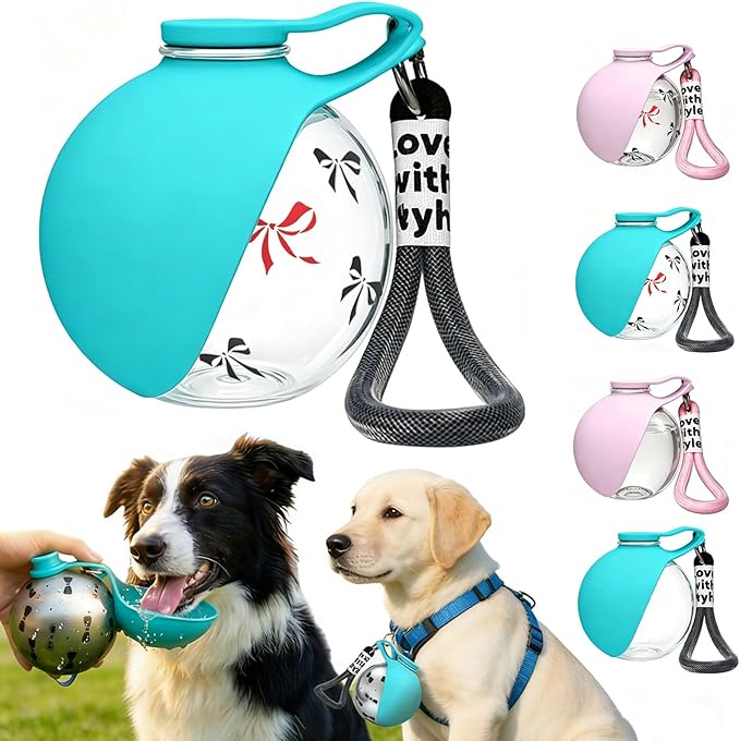 Portable Dog Water Bottle with Bowl, 10 Oz 2 in 1 Integrated Pet Water Bottle for Dogs Drinking, Leakproof Transparent Travel Water Bottle for Dogs On Walks, Hiking, Traveling (Blue Print)