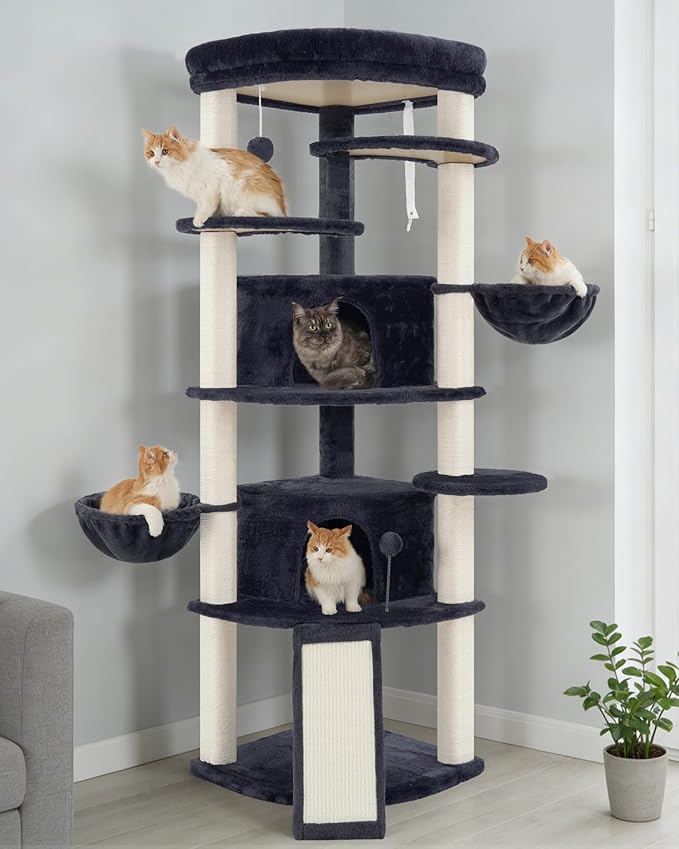 Gitelsnour Corner Cat Tree for Indoor Cats, Cat Tower with All Sisal Scratching Posts, Multi-Level Cat Condo wth 2 Large Cat Caves, Big Top Perch, 2 Hanging Baskets, Sisal Ramp, Drak Gray GCT035G