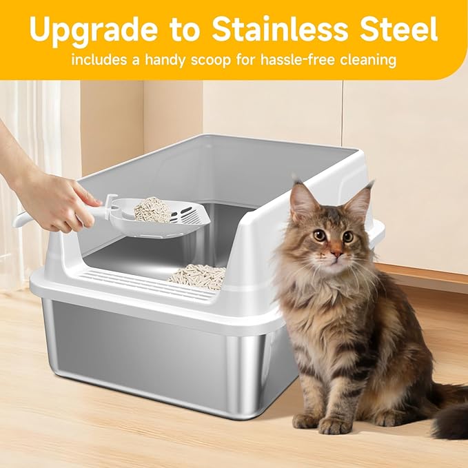 Stainless Steel Litter Box with High Sides, Small Metal Litter Box for Kittens & Senior Cats, Open Top Low Entry Non-Stick Easy Clean with Scoop, Gray