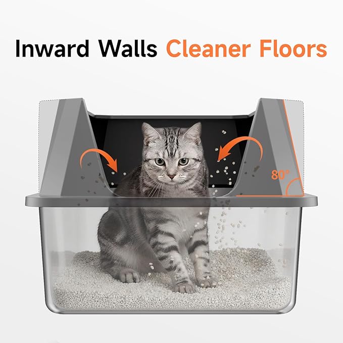 Stainless Steel Litter Box with High Sides Lid, XL High Sided Cat Litter Pan, Open Top Extra Large Metal Cat Litter Box, Non-Stick Leakproof, Litter Scoop Included, Black