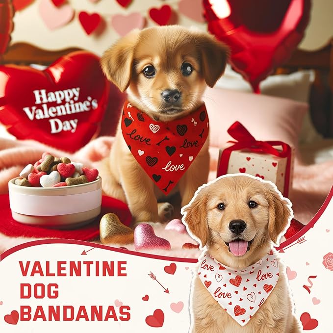 Weewooday 50 Pcs Valentine's Day Dog Bandanas Bulk for Dogs Soft Bibs Adjustable Triangle Heart Lips Bandana for Small Medium Large Pet Costume(Valentine, 19.7 x 13.8 x 13.8 Inch)