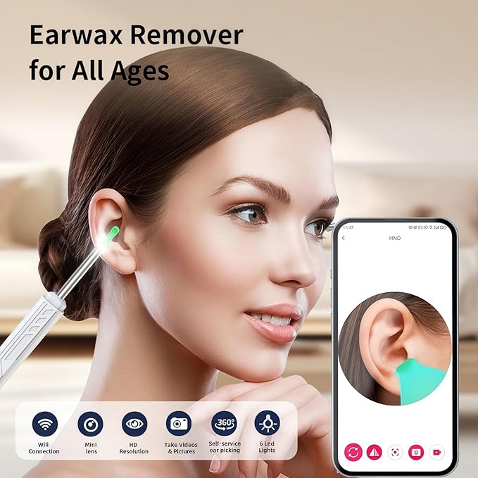 Ear Wax Removal Tool Camera — 1080P HD Ear Cleaner with Light, Earwax Removal Kit for Ear Cleaning, Safe Ear Camera for Adults Kids Pets Ear Camera for iOS & Android