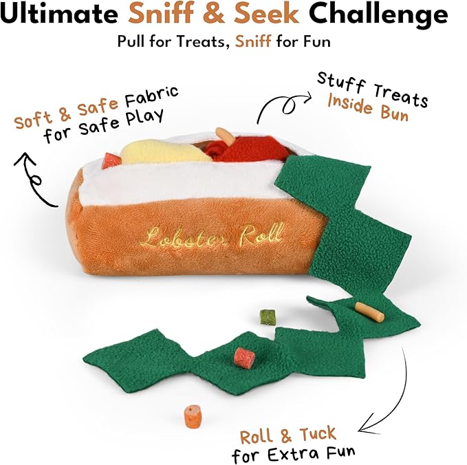 CHEWFFON Lobster Roll Snuffle Dog Toys, Interactive Dog Puzzle & Enrichment Toy for Boredom, Plush Food Toy with Crinkle Paper, Scent Work Foraging for Small Medium Dogs