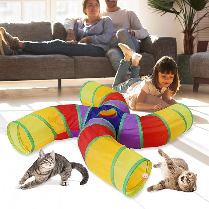 Bemodst S-Type Cat Tunnel, 2 Way/3 Way/4 Way/5 Way Collapsible S-Shape Small Animal Tubes Kitty Tunnels Interactive Maze House Toy with Storage Bag for Kitten Puppy Rabbit Guinea Pig (Rainbow-4 Way)