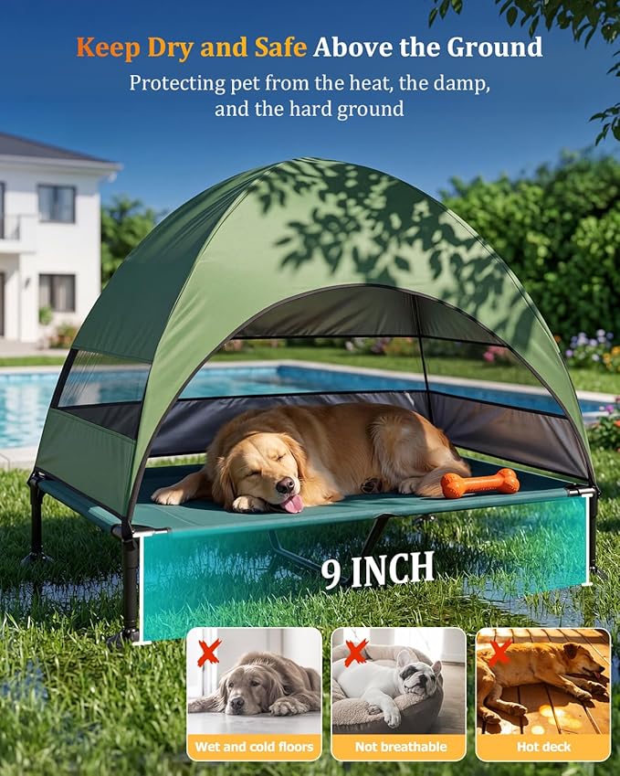 Elevated Outdoor Dog Bed with Canopy, Raised Dog Cot with Stable Adjustable Feet, Dog Camping Bed with Larger Shade, Lifted Dog Tent Bed with Canopy for Outside (Green, X-Large)