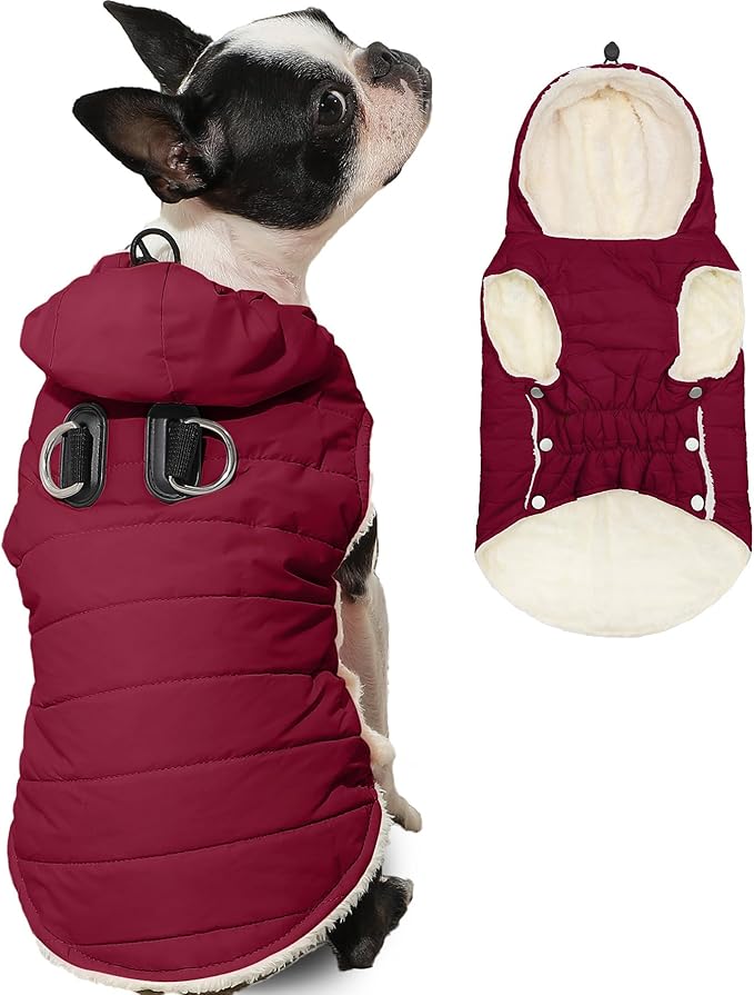 Vecomfy Fleece Lining Dog Hoodie with Harness Built in,Extra Warm Large Dog Jacket in Winter Doggie Coats with Drawstring Hooded,Red XXXL