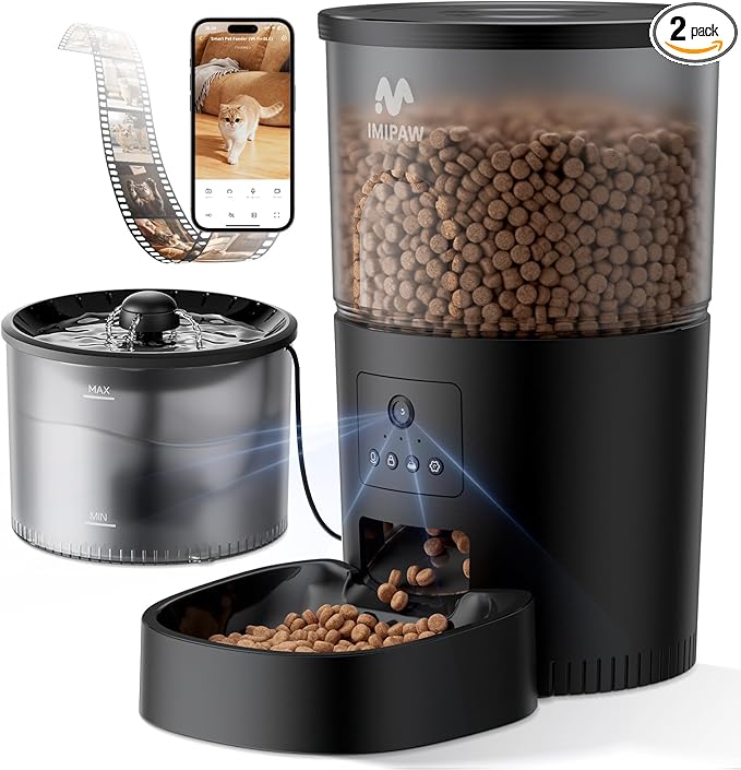 IMIPAW Automatic Cat Feeder with Camera and Water Fountain, HD AI Pet Recognition, APP Remote Control, Timed Food Dispenser, Two-Way Audio, Night Vision Function, 3L Fountains for Drinking with Filter