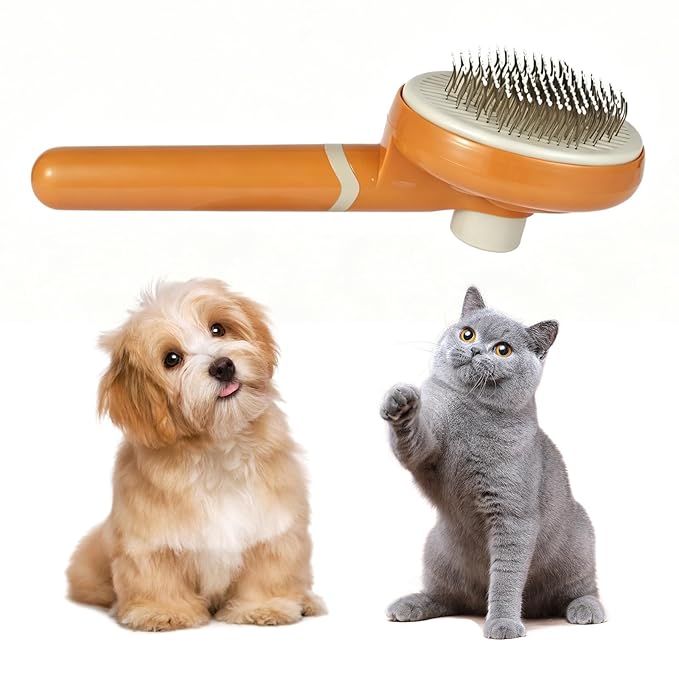 One-Click Self Cleaning Slicker Brush for Dogs & Cats, Gentle Round Pins Deshedding Tool for Long & Short Hair