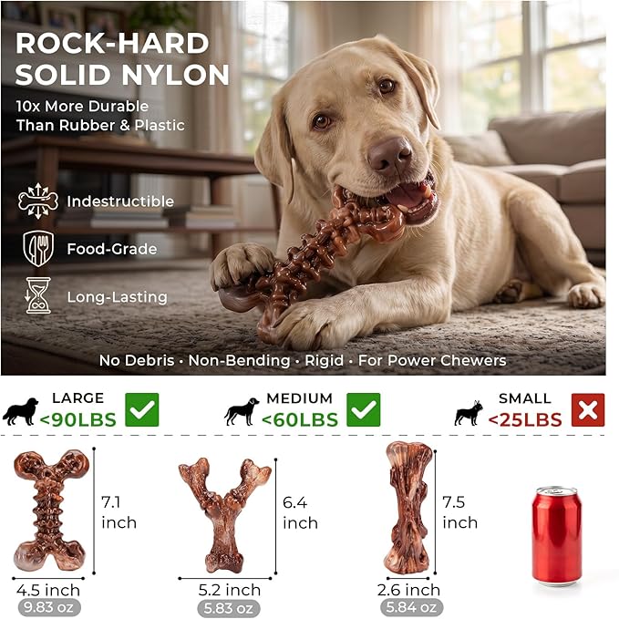 Kseroo Indestructible Dog Toys for Aggressive Chewers: 6-Pack Bacon Flavored Hard Nylon Dog Chew Toys for Medium & Large Dogs(25-90lbs), Tough Super Chewer Dog Bones Toys to Keep Them Busy, Brown