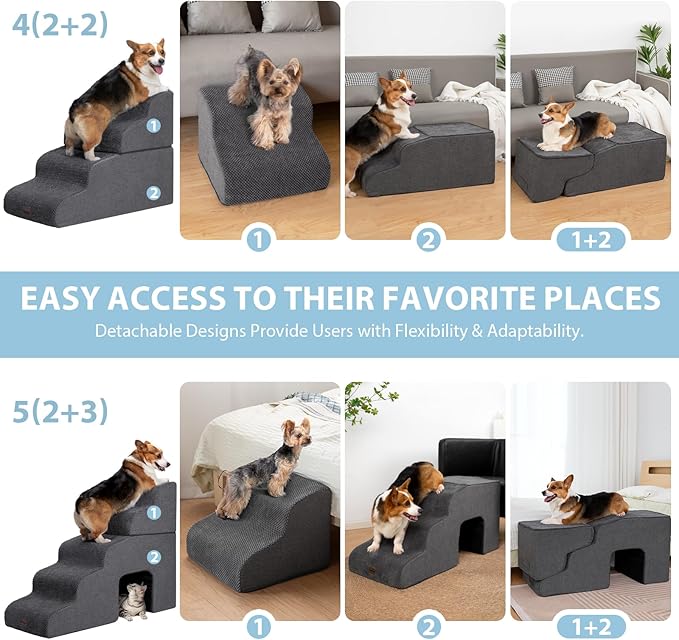 Garnpet Dog Stairs for High Beds with Tunnel, 5-Step Dog Steps for Small Dogs and Cats, Foldable Pet Stairs for High Bed Climbing, Non-Slip Balanced Pet Step Indoor, Dark Grey