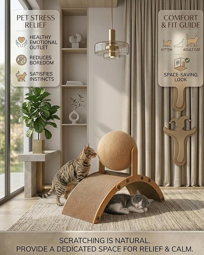Wobble Ball Cat Scratcher, Cat Scratching Ball on Stand, 2-in-1 Interactive Cat Scratcher with 360° Rotating Sisal Ball & Arch Bridge, Solid Wood for Indoor Cat Kittens - Protects Furniture & Rugs (L)