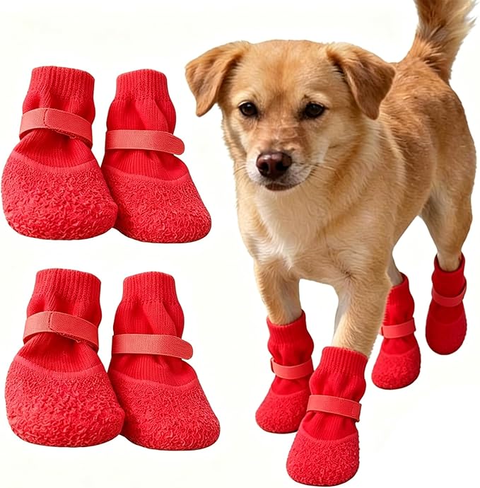 Dog Boots,Dog Paw Protectors Socks for Hot Pavement,Anti Slip Dog Shoes for Hardwood Floors_M(Red)