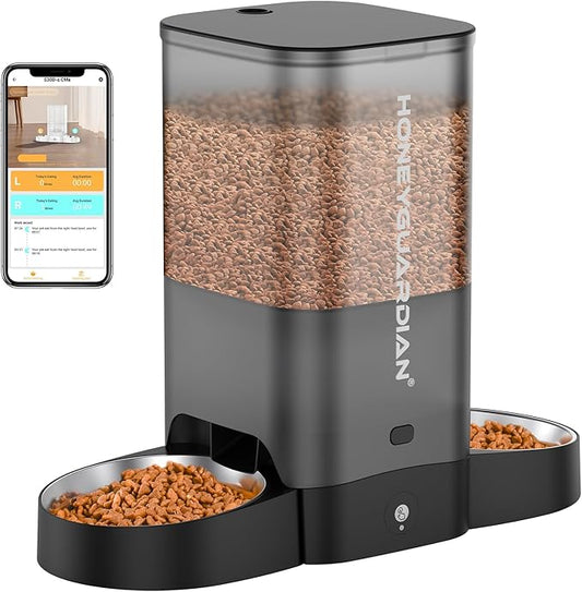 HoneyGuaridan 5L Automatic Cat Feeder for Two Cats, 2.4/5G WiFi Smart Feed Pet Feeder with Stainless Steel Bowl,APP Control Dispenser, Dual Power Supply,Desiccant Bag,10s Meal Call Black