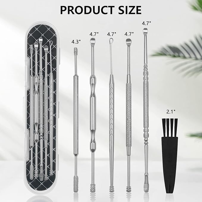 Hion 8 Pcs Ear Wax Removal Kit,Professional Double-Headed Ear Pick Earwax Removal Tools,316L Stainless Steel Ear Cleaner Curette with Cleaning Brush and Storage Box,Suit for Kid Adult(Silver)