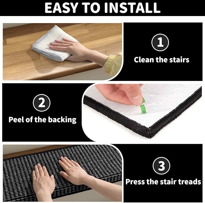 Brakki Bullnose Carpet Stair Treads, Non Slip Stair Treads for Wooden Steps Indoor, Stair Runner, Soft Stair Rugs for Pets, Edging Stair Protectors, Washable, 29.5"x9.5"x1.5" 7pcs, Black Grey