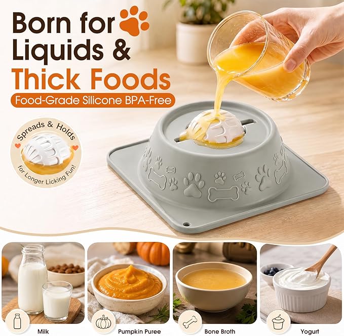 Slow Feeder Dog Bowls, Anti-Slip Dog Lick Bowl with Interactive Rolling Ball, Anxiety Relief Liquid Treat Feeder, Bone Broth Yogurt Licking Toy for Small Medium Large Dogs and Cats(Gray)