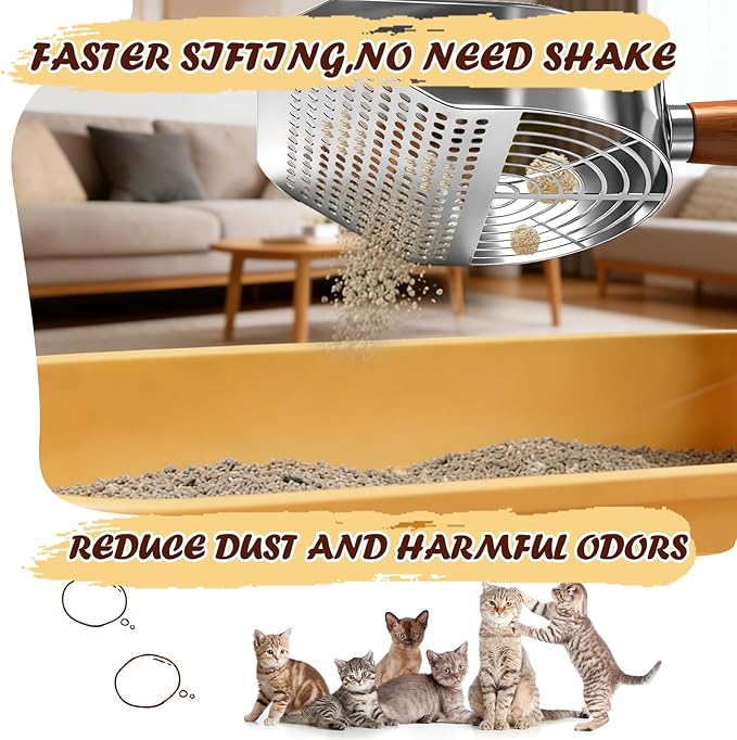Cat Litter Scoop 304 Stainless Steel Rust Proof, Sifting Litter Box Scooper with Wood Handle, Curved Design for Easy Cleaning, Dual Sifter Holes cat Litter Shovel