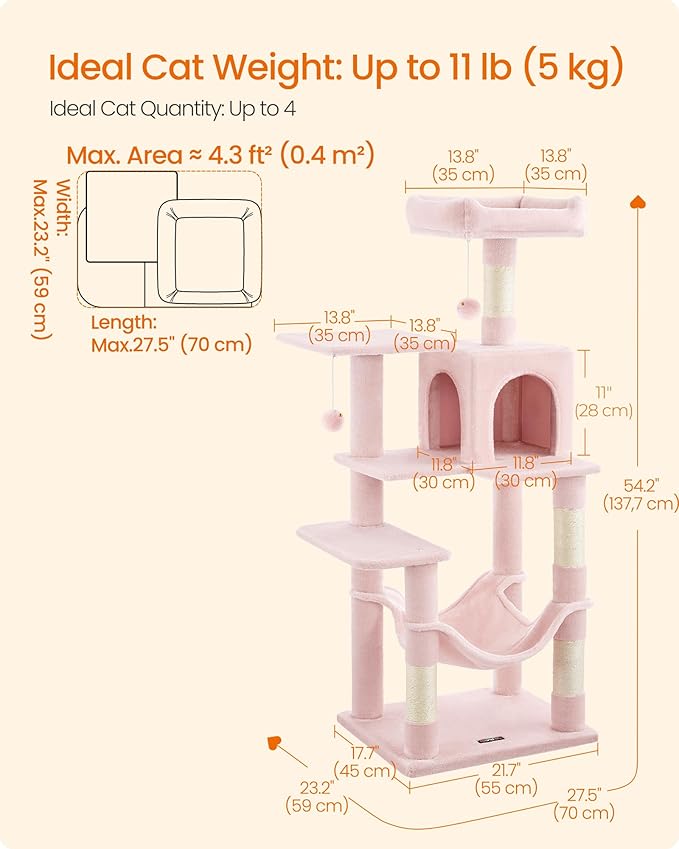 Feandrea Cat Tree, 54.2-Inch Cat Tower, Plush Multi-Level Condo with 4 Scratching Posts, 2 Perches, Hammock, Cave, Jelly Pink UPCT161P01