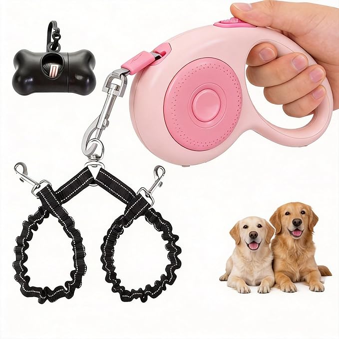Dual Retractable Dog Leash for 2 Large Dogs (Up to 110 Lbs Each), One-button Break and Lock, Non-slip Grip, Double-headed, 16 FT Extendable Pet Leash with Poop Bags, and 360° Tangle-free (Pink, Large)