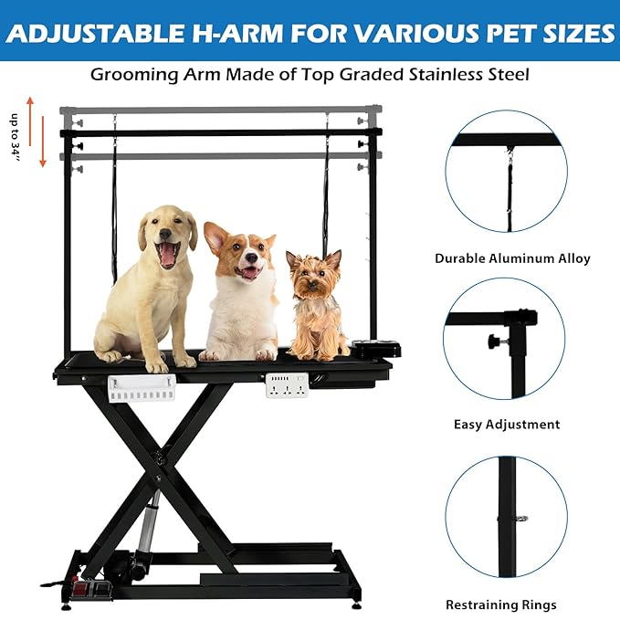 50 in Dog Grooming Table, Electric Hydraulic Grooming Table with Aluminium Overhead Arm, Anti Slip Tabletop, 6 USB Ports for Large Dogs At Home and Salon, Maximum Capacity Up to 300 LB, Black