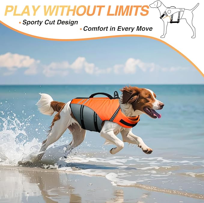 VIVAGLORY Sports Style Dog Life Vest, Dog Life Jacket for Swimming & Boating, Ripstop & Buoyancy for Puppy Doggy, Lifejacket with Handle, L, Bright Orange