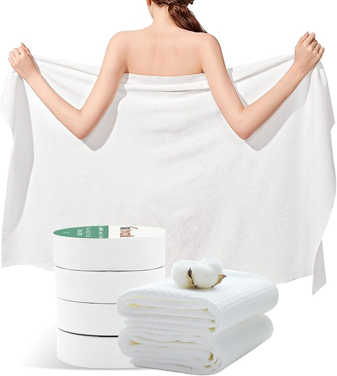 5Pcs Large Compressed Towels, 55" x 27.5" Ultra Soft 100% Cotton Disposable Bath Towels, Portable Disposable Towel Reusable Travel Towel for Hotel Camping Hiking Sports Gym Beach Swimming