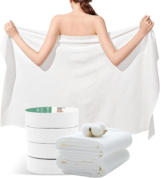 5Pcs Large Compressed Towels, 55" x 27.5" Ultra Soft 100% Cotton Disposable Bath Towels, Portable Disposable Towel Reusable Travel Towel for Hotel Camping Hiking Sports Gym Beach Swimming
