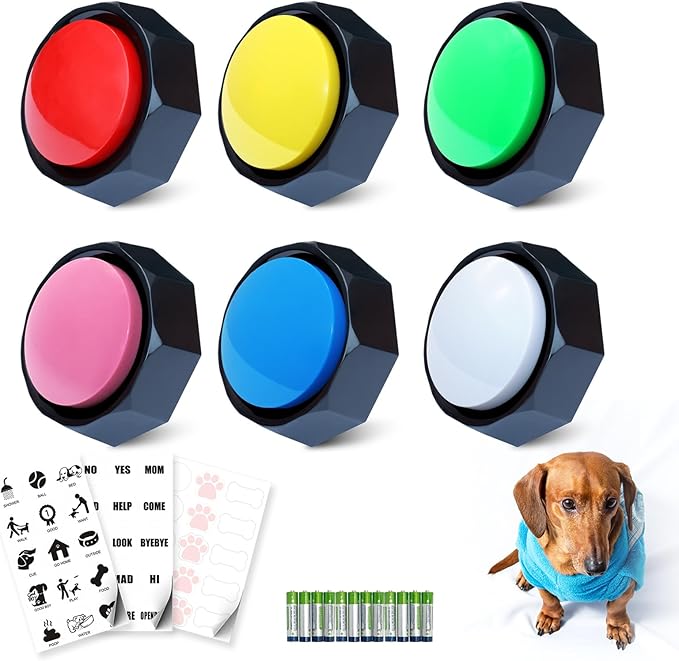 Dog Buttons for Communication 6 Color Training Buttons t, 30s Recordable Pet Training Buttons, Set with 45 Stickers & Magic Tape (Cats/Dogs/Office Games)