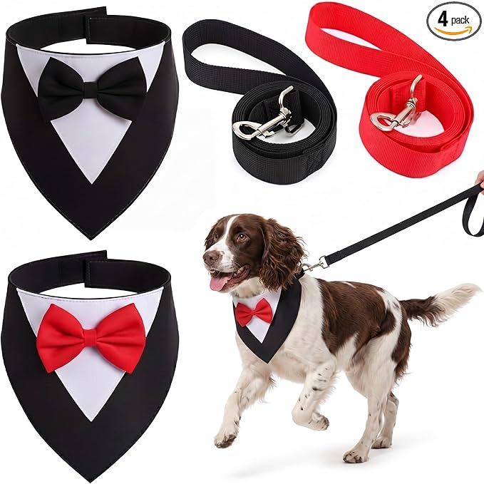 Gilprop 4 Pcs Formal Dog Outfit Dog Tuxedo Sets with Bowtie Wedding Dogs Bandana Collar with Nylon Leash Wedding Outfit Suit Adjustable Pet Party Costumes for Birthday(Black,Red,Medium:16"-19.5")