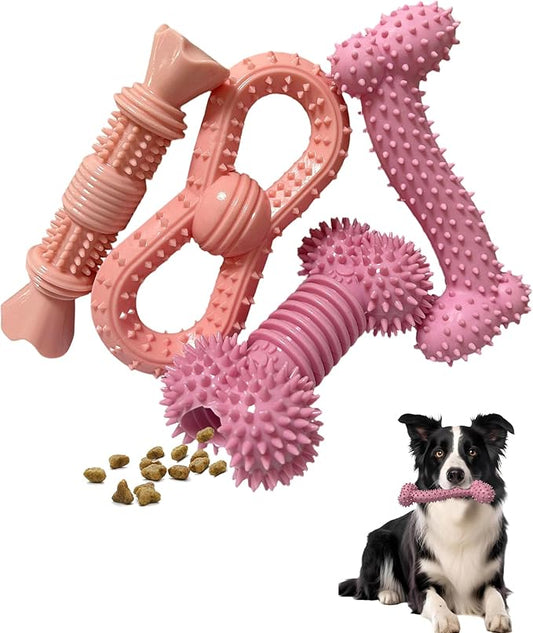 4 Pack Teething Toys Dog Durable Chew Toys Soft Rubber Toy Dog Teeth Cleaning Toothbrush Toy Cute Interactive Toys for Medium Large Breed(Medium,Pink)