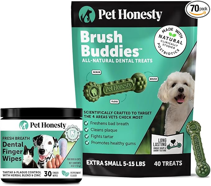 Pet Honesty Dog Dental Care Virtual Bundle – Dental Finger Wipes (30 Ct) + Brush Buddies Dental Sticks for Extra Small Dogs (40 Ct) – Teeth Cleaning, Plaque & Breath Support