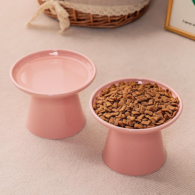 6.2 Inch Extra Wide Elevated Ceramic Cat Bowls, Food and Water Bowl Set for Elder Big Cats Small Dogs, Raised Design for Pet Easy Eating, Protect Cat's Spine Set of 1(Pink)