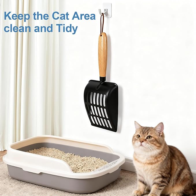 Cat Litter Scoop, Metal Litter Scoop, Heavy Duty Metal Cat Scooper for Litter Box, Black Sifter Scoop for Pellets, Wooden Handle Scoop with Hole, Kitty Necessity (Cat Litter Scoop Short)