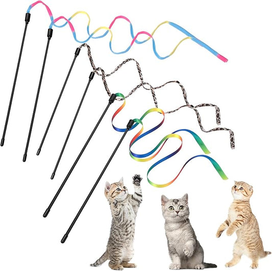Cobee 6 Pack Cat Wand Toy Set, 30cm Cat Interactive Wand with Rainbow Ribbon String + Leopard Print Cloth String for Kitten Training & Exerciser