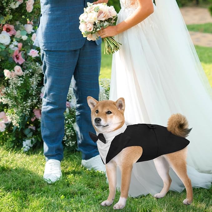 DORA BRIDAL Dog Tuxedo for Small Dogs,Dog Suit and Bowtie, Formal Dogs Wedding Outfit, Pet Tuxedo and Bandana Set Valentines Birthday Christmas Party Costumes for French Bulldog, Pomeranian, Black,S