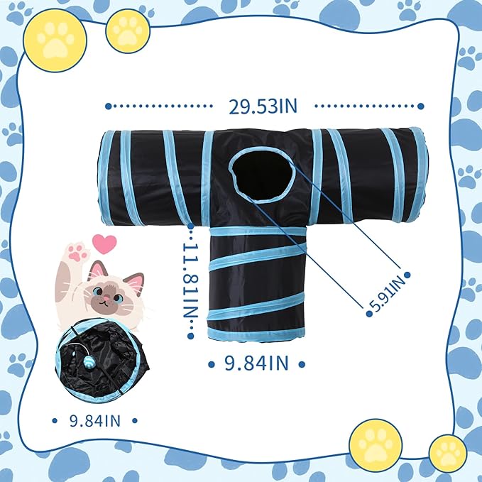 Pet Cat Tunnel, T-3 Way Tunnels for Indoor Cats, Collapsible Pet Tunnel for Kitten, Puppy, Rabbit, 25cm-Wide Tunnels, Durable & Breathable, with Peek Hole Toy Ball