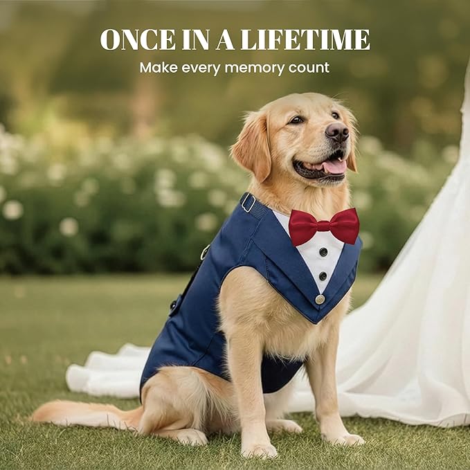 AVERYDAY 2 Pcs Dog Tuxedo & Bandana Set, Dog Suit Costume with Bowtie for Wedding Outfit, Pet Tux Harness with Leash Ring for Party Birthday Christmas, Formal Wear for Small Medium Large Breed