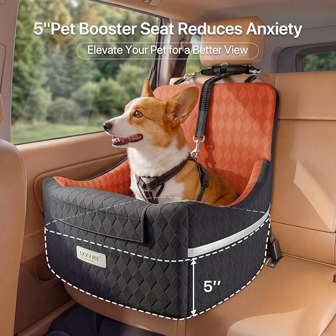 Doglike Dog Car Seat for Small Dogs [2026 Ultimate Comfort & Safety], 5" Memory Foam Pet Booster Seats Up to 35 lbs with Detachable Washable Cover, Travel-Safe Car Bed with Puppy Safety Belt, Brown