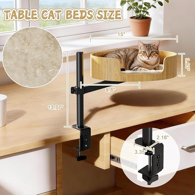 Cat Desk Bed for Indoor Cats, 360° Rotating & Adjustable Cat Bed for Desk, Heavy-Duty Metal Desk Cat Bed with Secure Clamp, Space-Saving Desk Cat Bed for Office Desk & Gaming Table,Detachable.