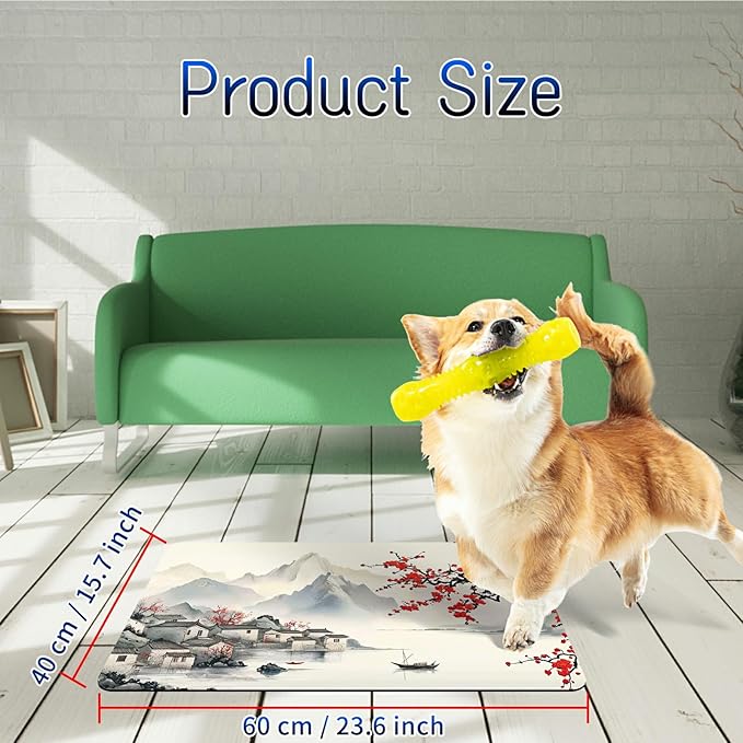 Dog Food Mat, 15.7" x 23.6" Absorbent Pet Feeding Mat for Food and Water, Waterproof Diatom Mud Pet Placemat with Non-Slip Rubber Backing, Cat Bowl Mat for Floors - Watercolor Peach Blossoms