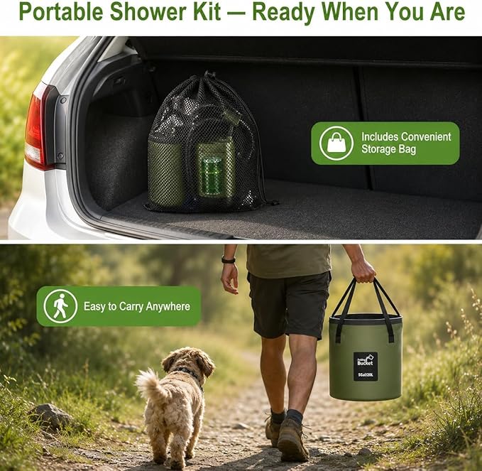 Portable Shower for Camping, 6000mAh Rechargeable Camping Shower with Intelligent LED Display, Foldable Bucket, 4 Spray Modes, IPX7 Waterproof Outdoor Camp Pump for Hiking, Travel, Car, Pet