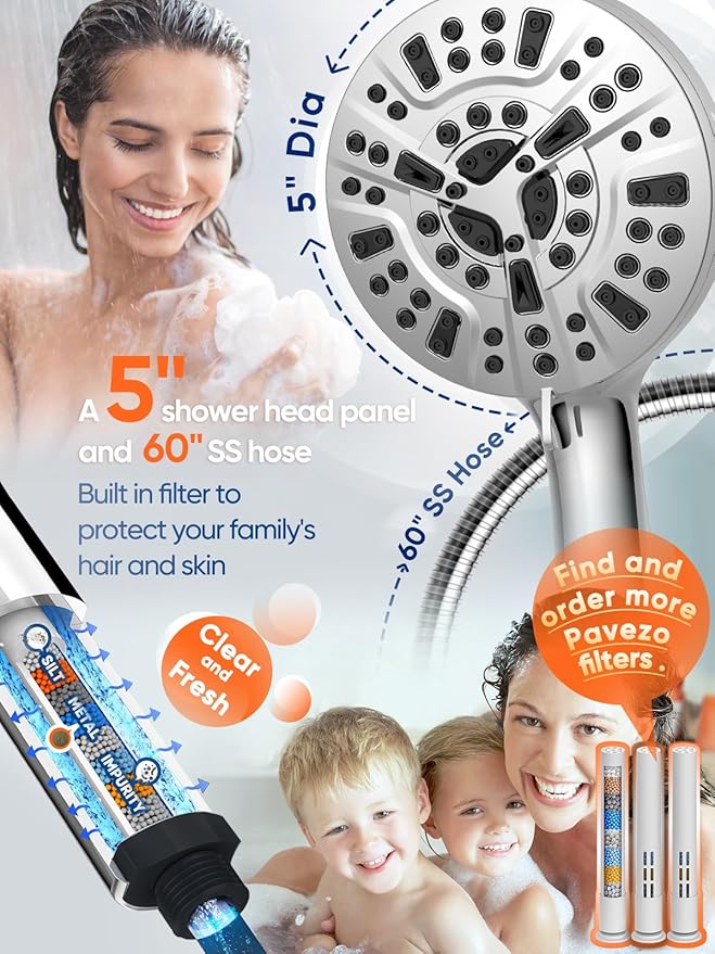 Pavezo® High Pressure Shower Head Handheld 5" Large, Extra Long 60" SS Hose 10-mode Portable Detachable Shower Head with Hard Water Filter, Anti-clog & Powerful to Clean Tile & Pets, Chrome