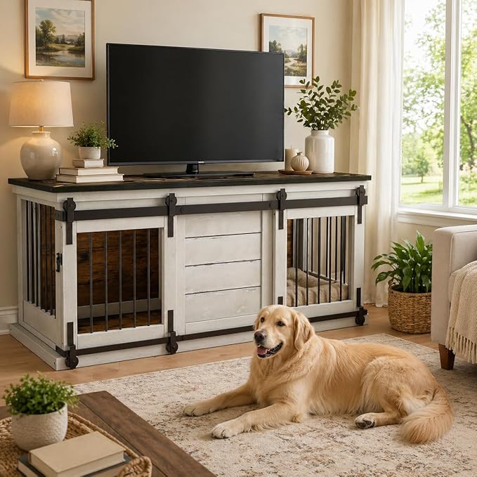 62" Farmhouse Dog Crate Furniture for 2 Large Dogs, Heavy Duty Solid Wood Indoor Dog Kennel with Removable Divider, Sliding Door, Double Dog Crate TV Stand, Vintage Industrial Style