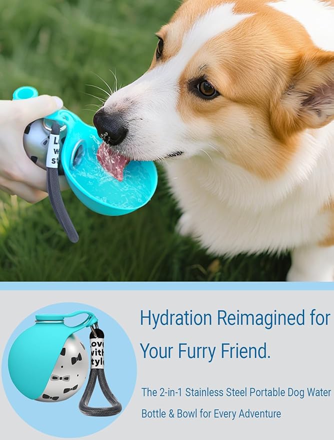 Portable Dog Water Bottle for Small Dogs: 285ml 2-in-1 Insulated Compact Leak-Proof Stainless Steel Round Water Dispenser with Collapsible Bowl for Daily Walks, Short Hikes & Travel