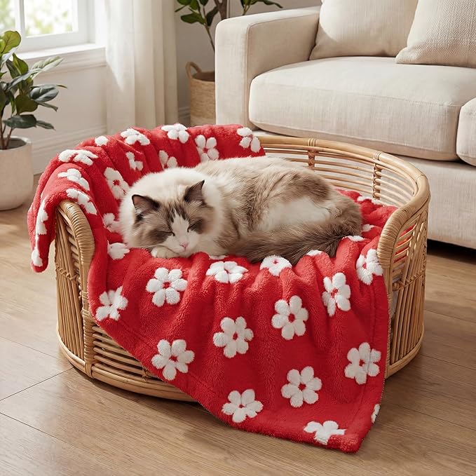 Horaldaily Pets Flannel Blanket, Red Flowers 3D Textured Soft Fuzzy Fluffy Plush Cozy Fleece Premium Blankets for Dog Cat Puppy Kitten Couch Protection, 30x40