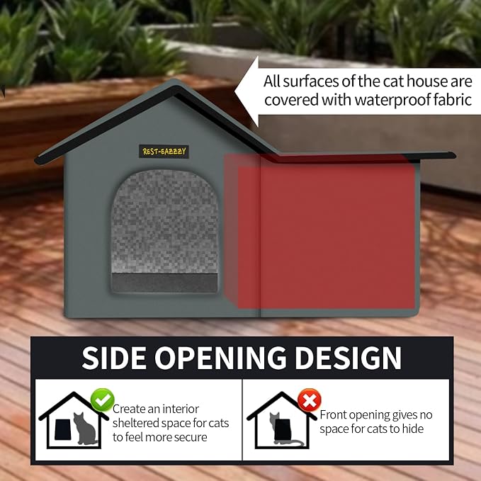Rest-Eazzzy Cat House for Outdoor Cats, Weatherproof and Insulated Feral Cat House with Mat and Clip, Easy to Put Together, Selfwarming Cat Shelter for Summer(Grey, Waterproof House-L)