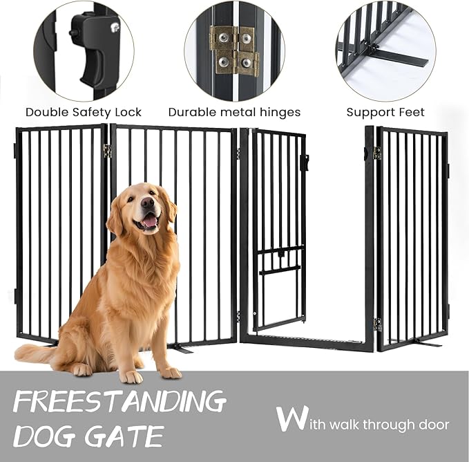 Metal Freestanding Dog Gate with Cat Door for Indoor & Outdoor,34" Tall Foldable Dog Fence,80" Extra Wide Pet Gate for RV Camping,Stairs,Deck,Yard,Doorways,with 3PCS Support(4 Panels,Black)
