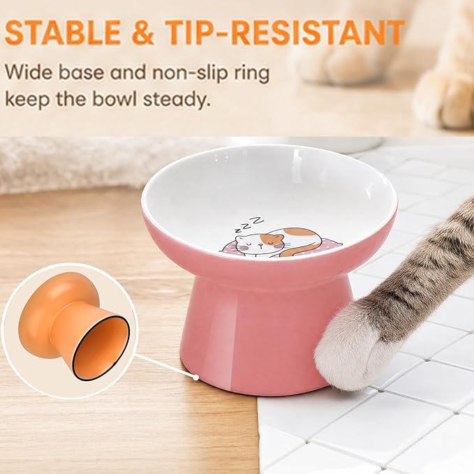 Raised Cat Food Bowl – Ceramic Elevated Cat Bowl for Whisker & Neck Fatigue,Non-Slip & Anti Vomiting Pet Feeder for Kittens to Adult Cats and Small Dogs,Dishwasher Safe(Pink)