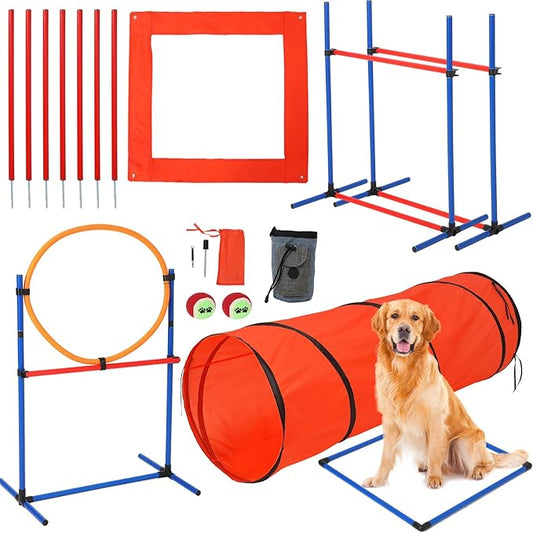 Hipicute Dog Agile Training Equipment Set Outdoor Indoor,70" Tunnel + Tire Jump + Hurdle Jump, Weave Poles, Pause Box, 2 Toy Balls, 1 Whistle, Carry Bag, Premium Dog Obstacle Course Kit
